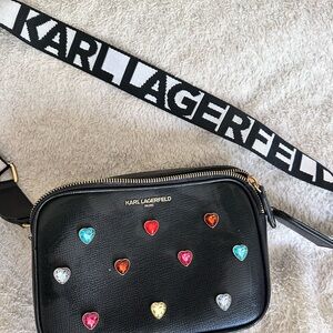 Karl Lagerfeld Black Crossbody Bag with Multicolored Heart Studs